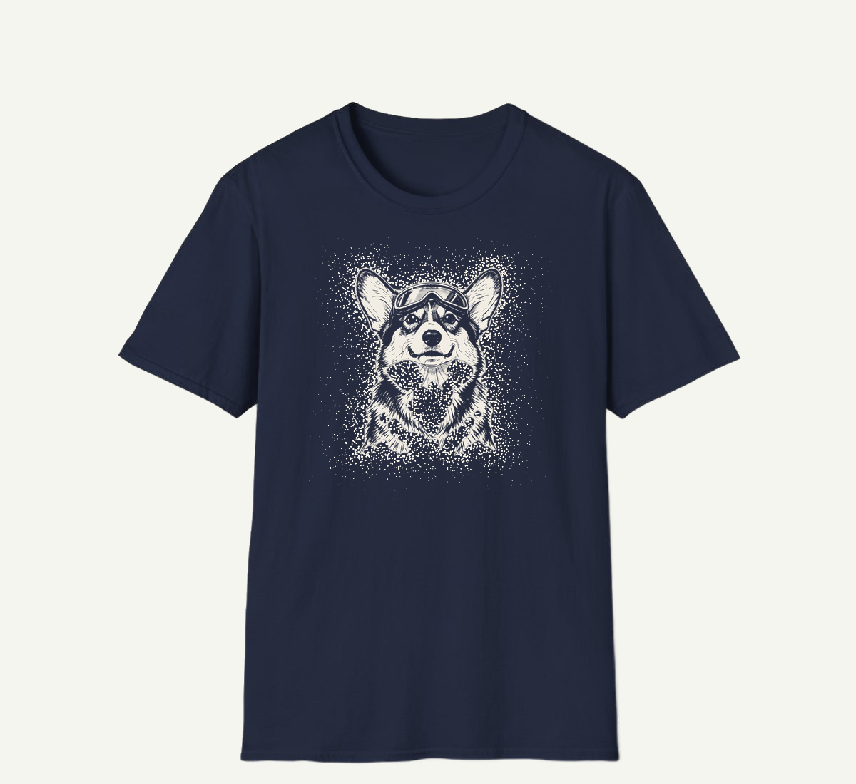 A corgi in snowboard goggles, on navy