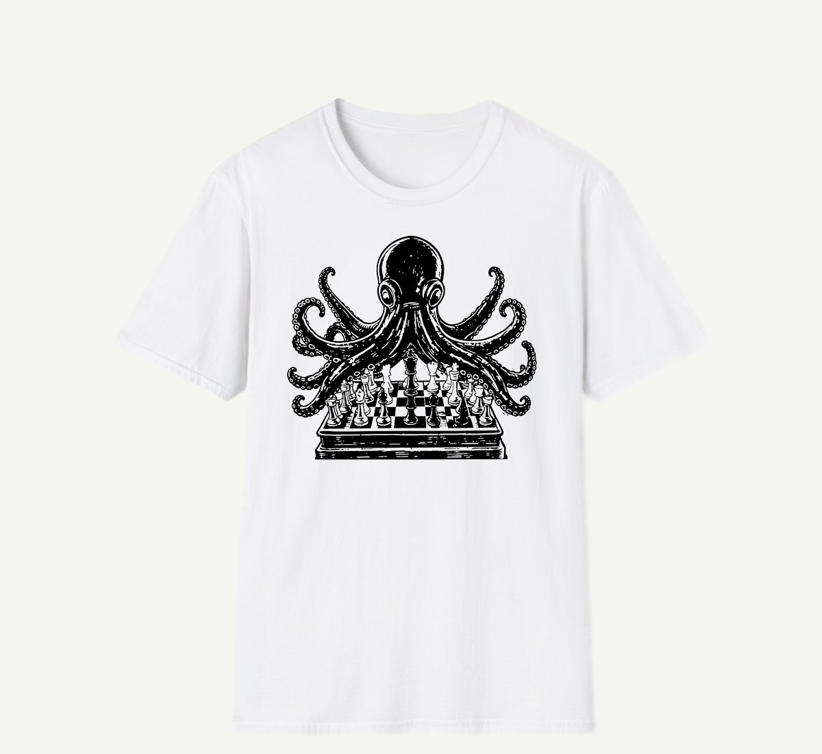 An octopus playing chess, drawn in dots, on a white tee