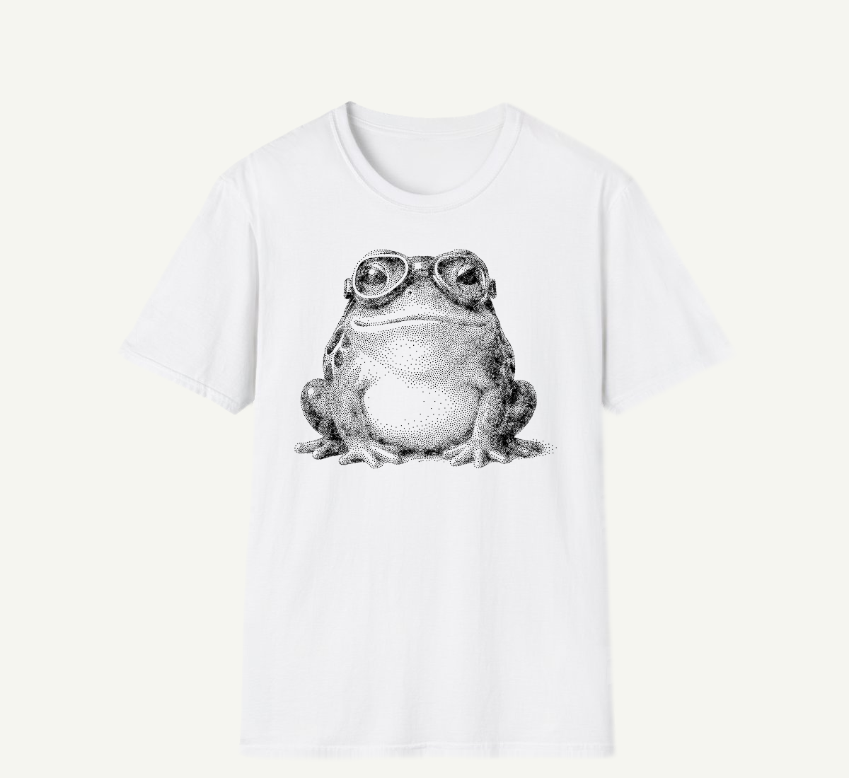 A fat frog with pilot goggles, drawn in dots, on a white tee