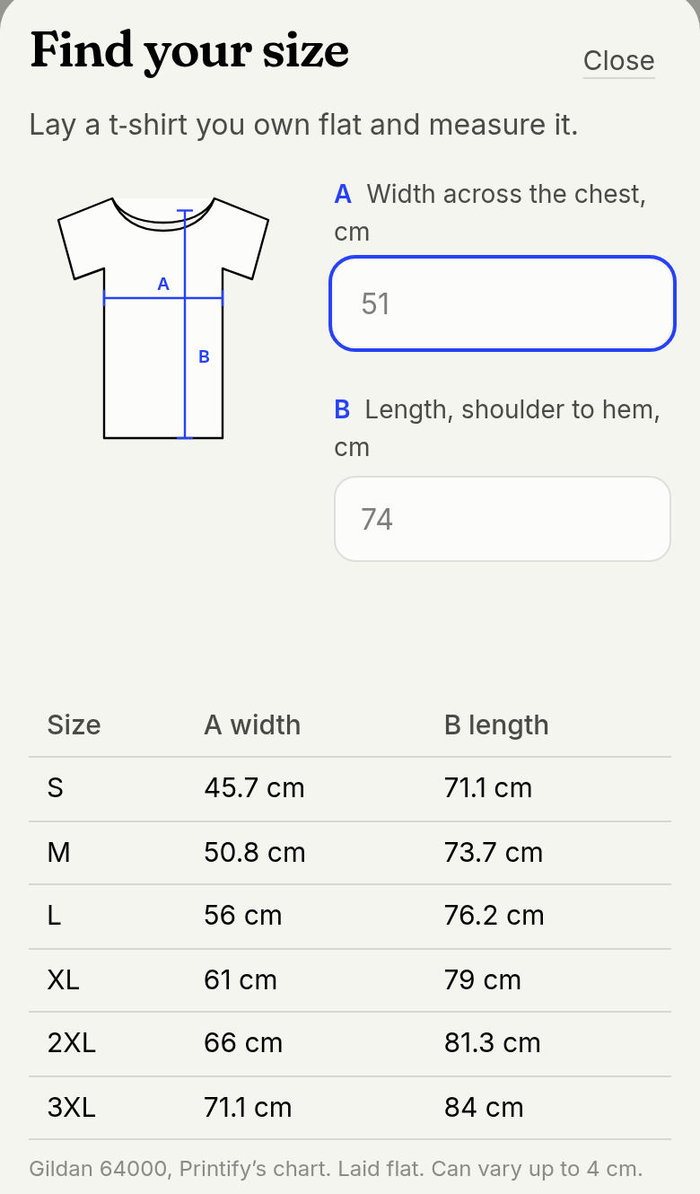 Find your size: two measurements from a shirt you own, and the printer's chart